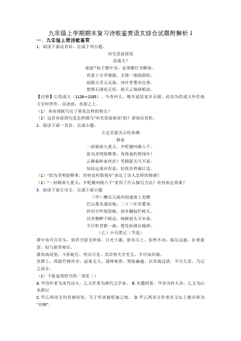 九年级上学期期末复习诗歌鉴赏语文综合试题附解析1