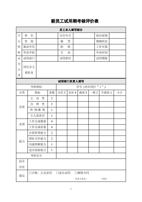 新员工试用期考核评价表