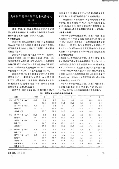 几种除草剂棉田除草效果试验对比