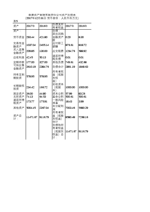 泰康资产管理有限责任公司资产负债表(2017)