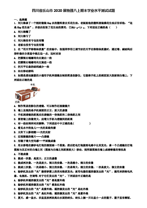 四川省乐山市2020届物理八上期末学业水平测试试题