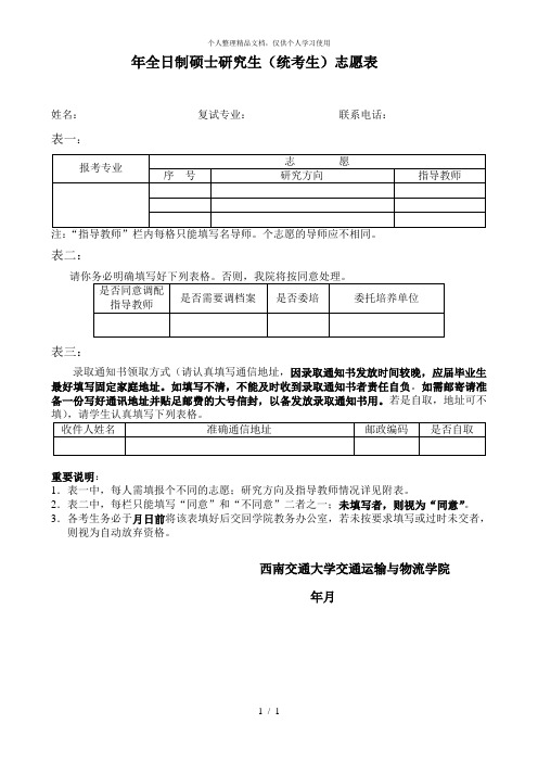2018年全日制硕士研究生(统考生)志愿表