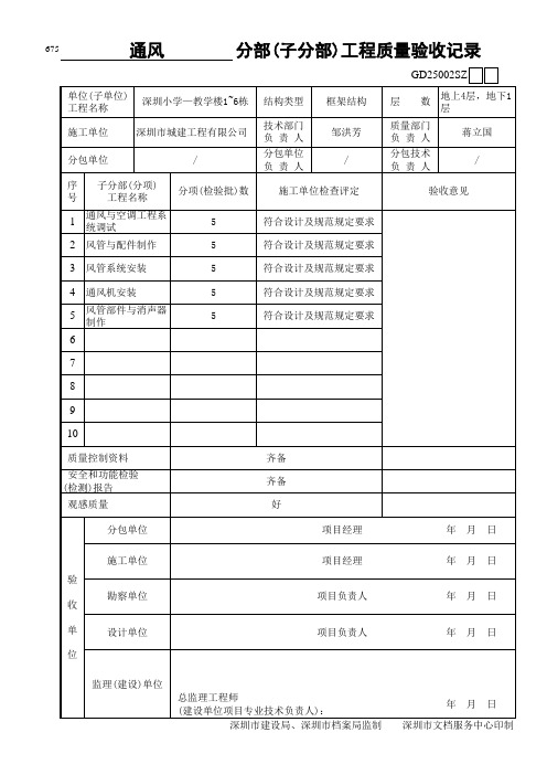 通风工程分部工程质量验收记录-范例