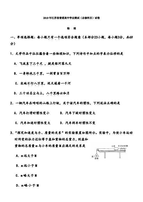 2019年江苏省普通高中学业水平测试物理试题(含答案)