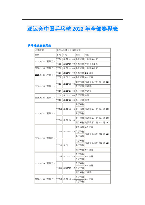 亚运会中国乒乓球2023年全部赛程表