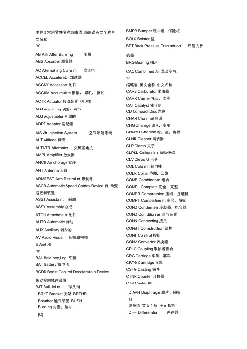 汽车常用零件中英文名称缩略语