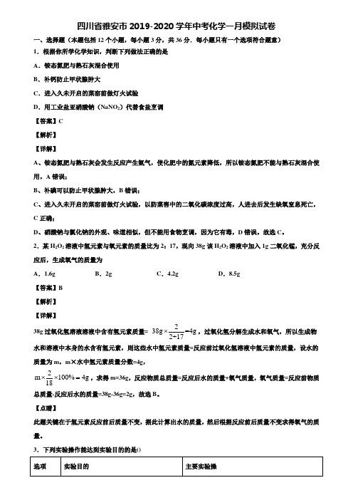 四川省雅安市2019-2020学年中考化学一月模拟试卷含解析