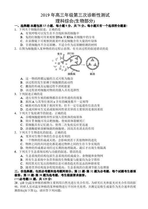 新疆2019届高三第三次诊断性测试理科综合试题(生物部分)