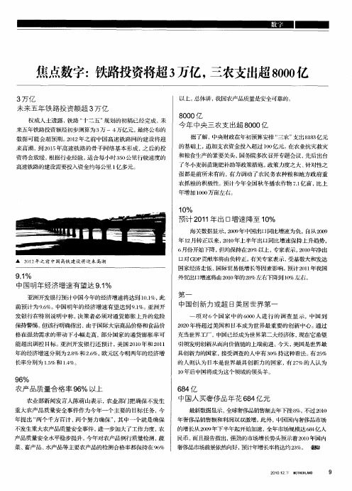 焦点数字：铁路投资将超3万亿,三农支出超8000亿