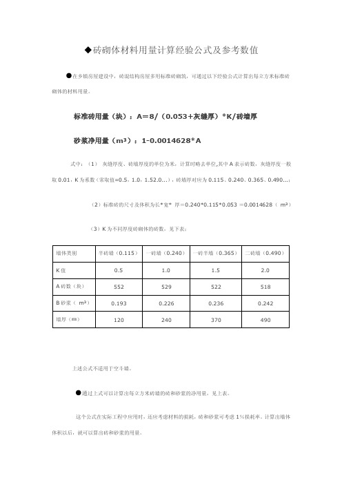 砖砌体材料用量计算的经验公式及实例计算