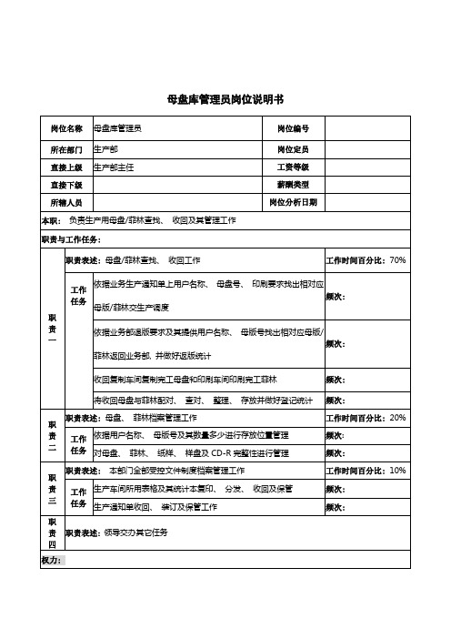 河北纪元光电公司生产部母盘库管理员岗位说明书