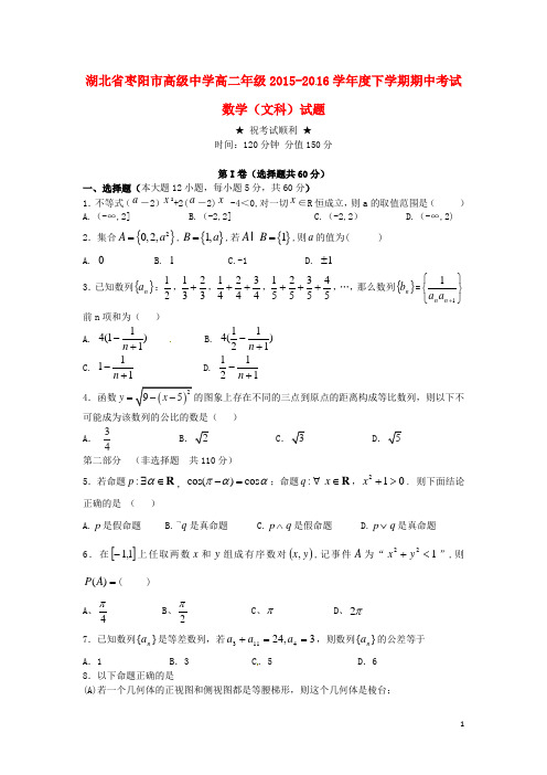 湖北省枣阳市高级中学高二数学下学期期中试题 文