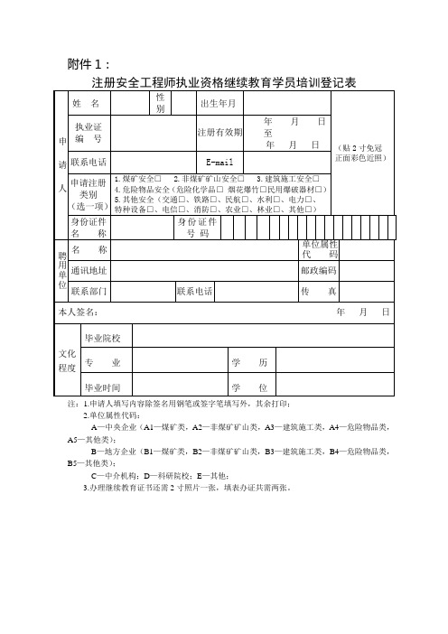 注册安全工程师执业资格继续教育学员培训登记表