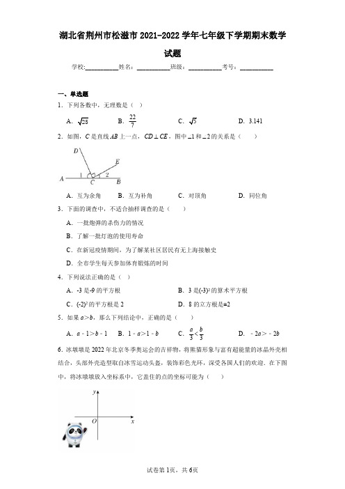 湖北省荆州市松滋市2021-2022学年七年级下学期期末数学试题