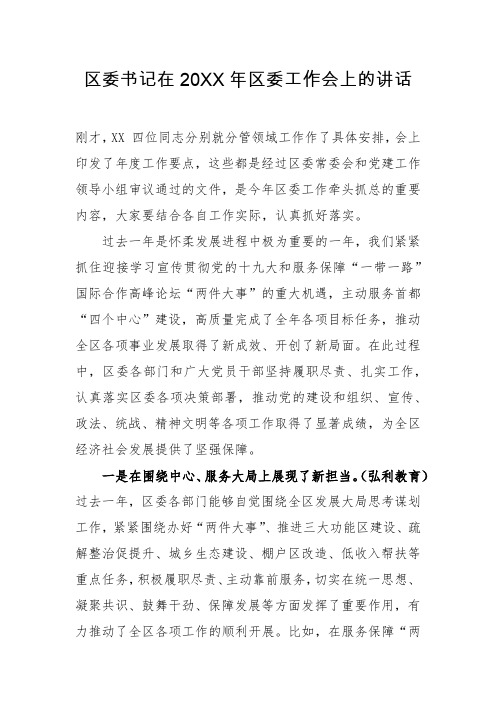 讲话稿：区委书记在20XX年区委工作会上的讲话