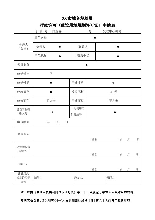 白银市城乡规划局行政许可(建设用地规划许可证)申请表【模板】