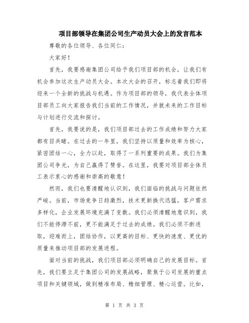 项目部领导在集团公司生产动员大会上的发言范本