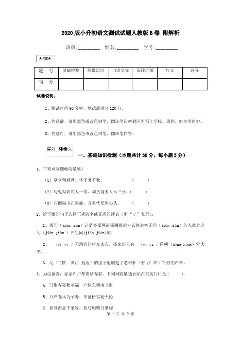 2020版小升初语文测试试题人教版B卷 附解析