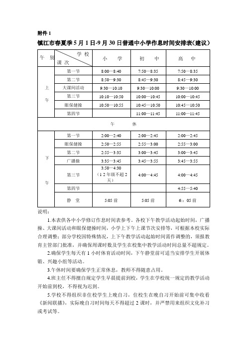 镇江市春夏季5月1日-9月30日普通中小学作息时间安排表...