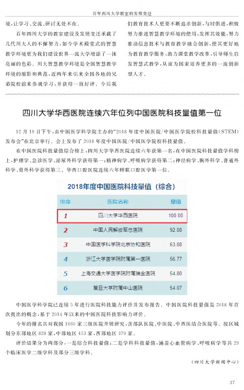 四川大学华西医院连续六年位列中国医院科技量值第一位