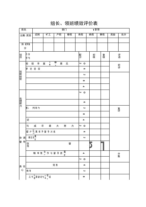 组长、领班绩效评价表通用模板