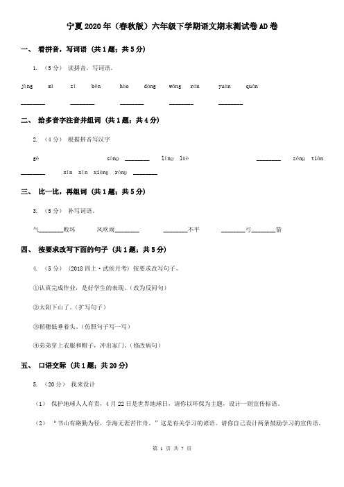 宁夏2020年(春秋版)六年级下学期语文期末测试卷AD卷