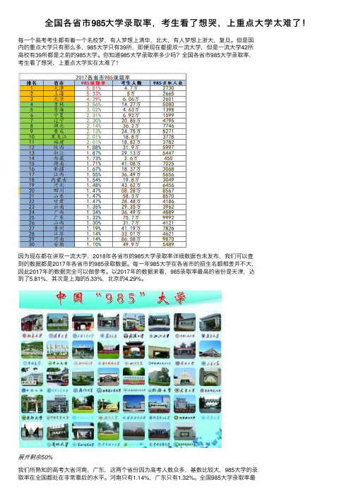 全国各省市985大学录取率，考生看了想哭，上重点大学太难了！