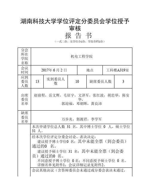 2017上机电学位评定分委员会学位授予审核报告书