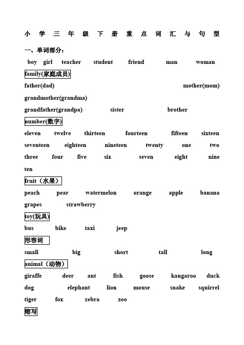 人教版小学三年级英语下册单词及重点语句