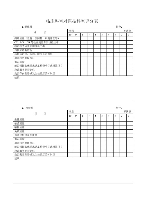 医院临床科室对医技科室评分表