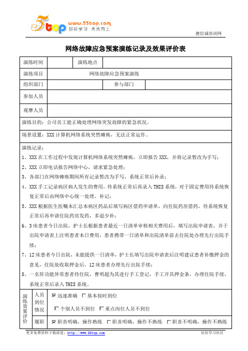 网络故障应急预案演练记录及效果评价表