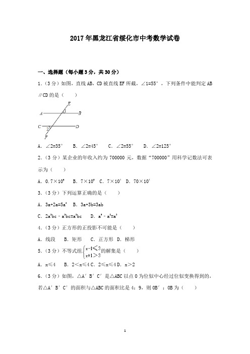 初中数学2017年黑龙江省绥化市中考数学试卷