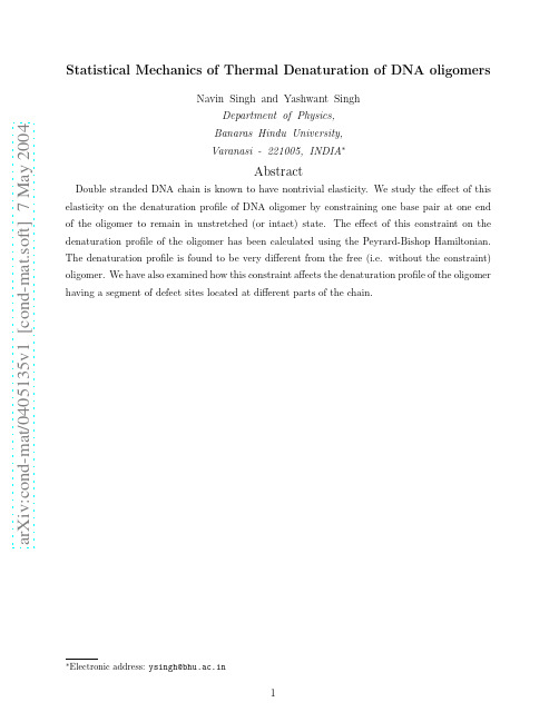 Statistical Mechanics of thermal denaturation of DNA oligomers