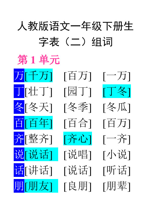 人教版语文一年级下册生字表二组词