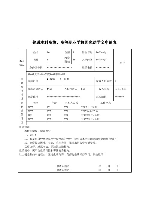 大学国家助学金申请表模版