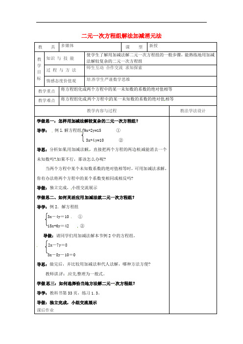 吉林省长春市七年级数学下册第7章一次方程组7.2二元一次方程组的解法_加减消元法教案2新版华东师大版_150