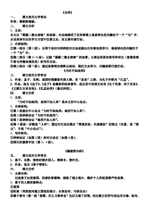 上海市中考课内文言文课文分析要点