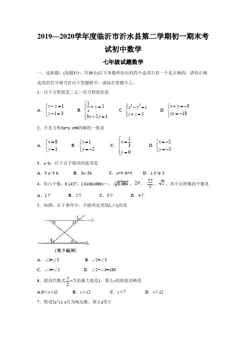 2019—2020学年度临沂市沂水县第二学期初一期末考试初中数学