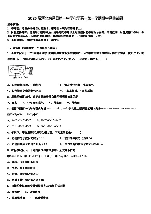 2025届河北鸡泽县第一中学化学高一第一学期期中经典试题含解析