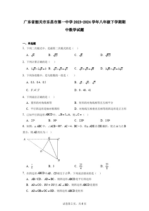 广东省韶关市乐昌市第一中学2023-2024学年八年级下学期期中数学试题