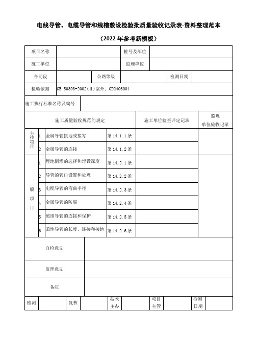 电线导管、电缆导管和线槽敷设检验批质量验收记录表-资料整理范本(2022年参考新模板)