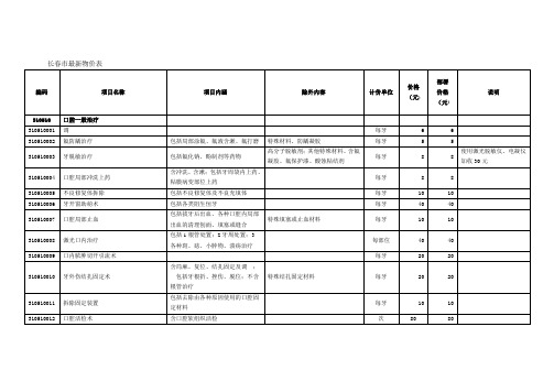 长春市最新物价表 牙体治疗部分