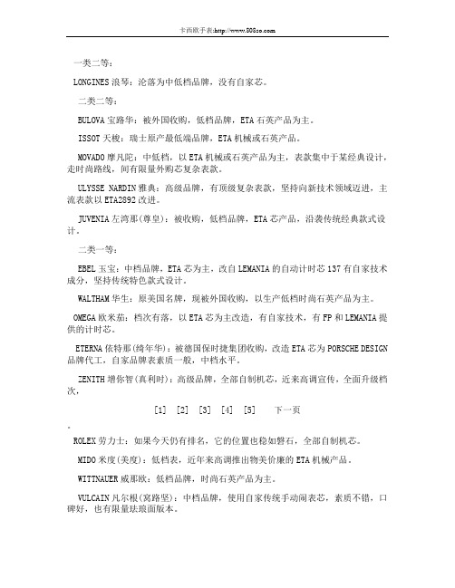 古今手表品牌之分类与等级