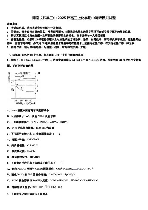 湖南长沙县三中2025届高三上化学期中调研模拟试题含解析