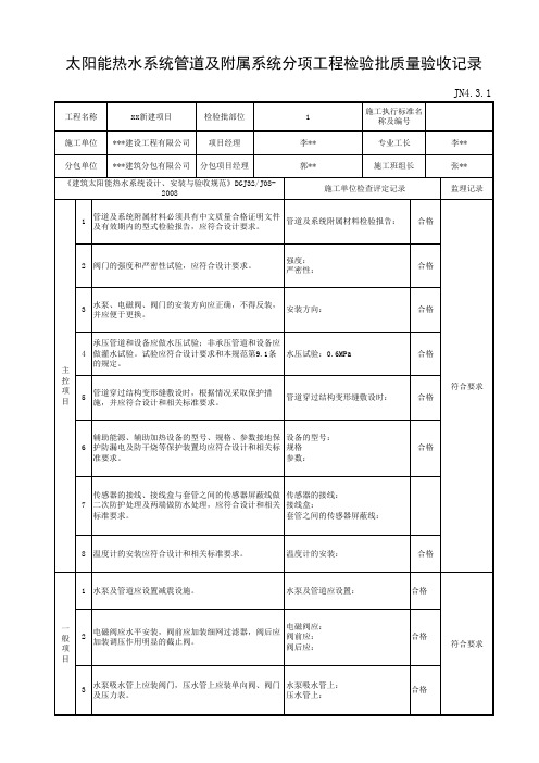 JN4.3.1太阳能热水系统管道及附属系统分项工程检验批质量验收记录