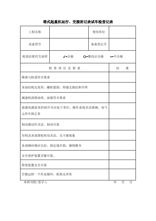 塔式起重机运行、交接班记录试车检查记录