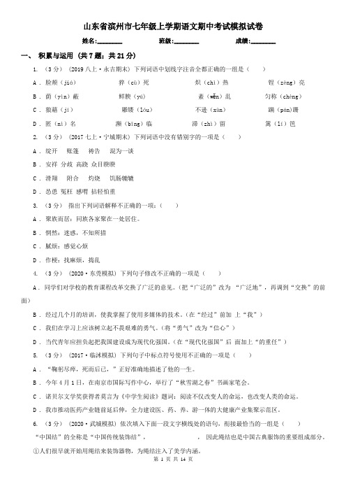 山东省滨州市七年级上学期语文期中考试模拟试卷