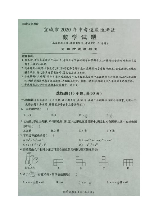 湖北省襄阳市宜城市2020届中考适应性考试数学试题(图片版,含答案)