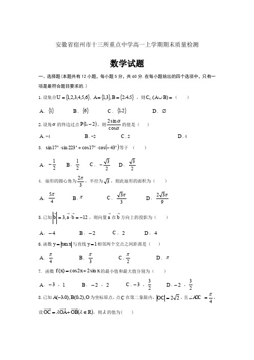 精校word版答案全---2018-2019学年安徽省宿州市十三所重点中学高一上学期期末质量检测数学试题