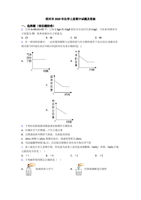 绍兴市2020年初三化学上册期中试题及答案